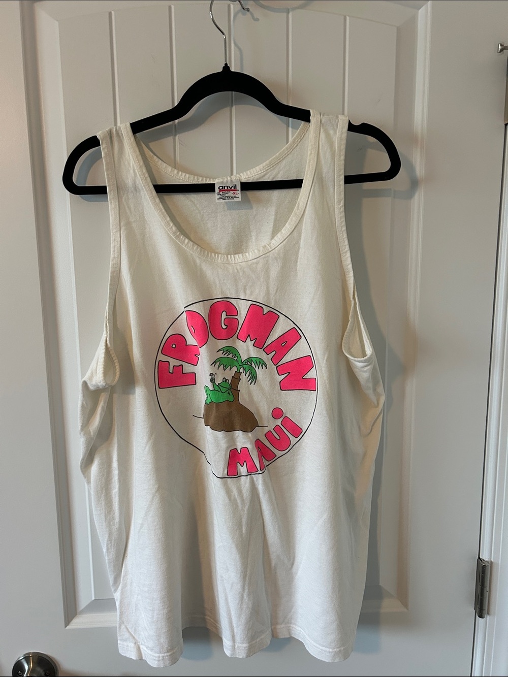 Anvil White Tank Top with Pink 'Frogman Maui' Graphic